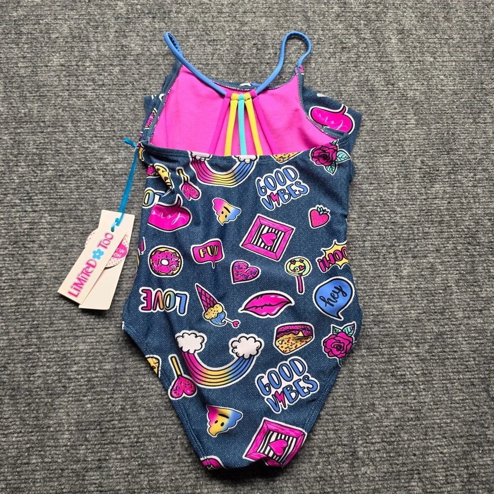 Limited Too Girls Swimsuit 6X Blue Pink Neon Rainbow Pop Art Beach Faux Denim